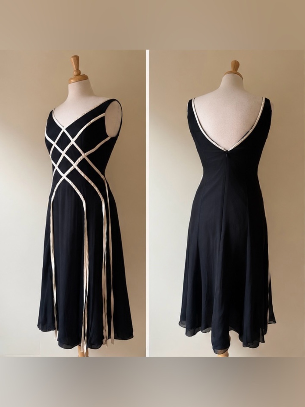 Vintage Papell Boutique 100% Silk Black & Ivory Ribbon Dress Size 6